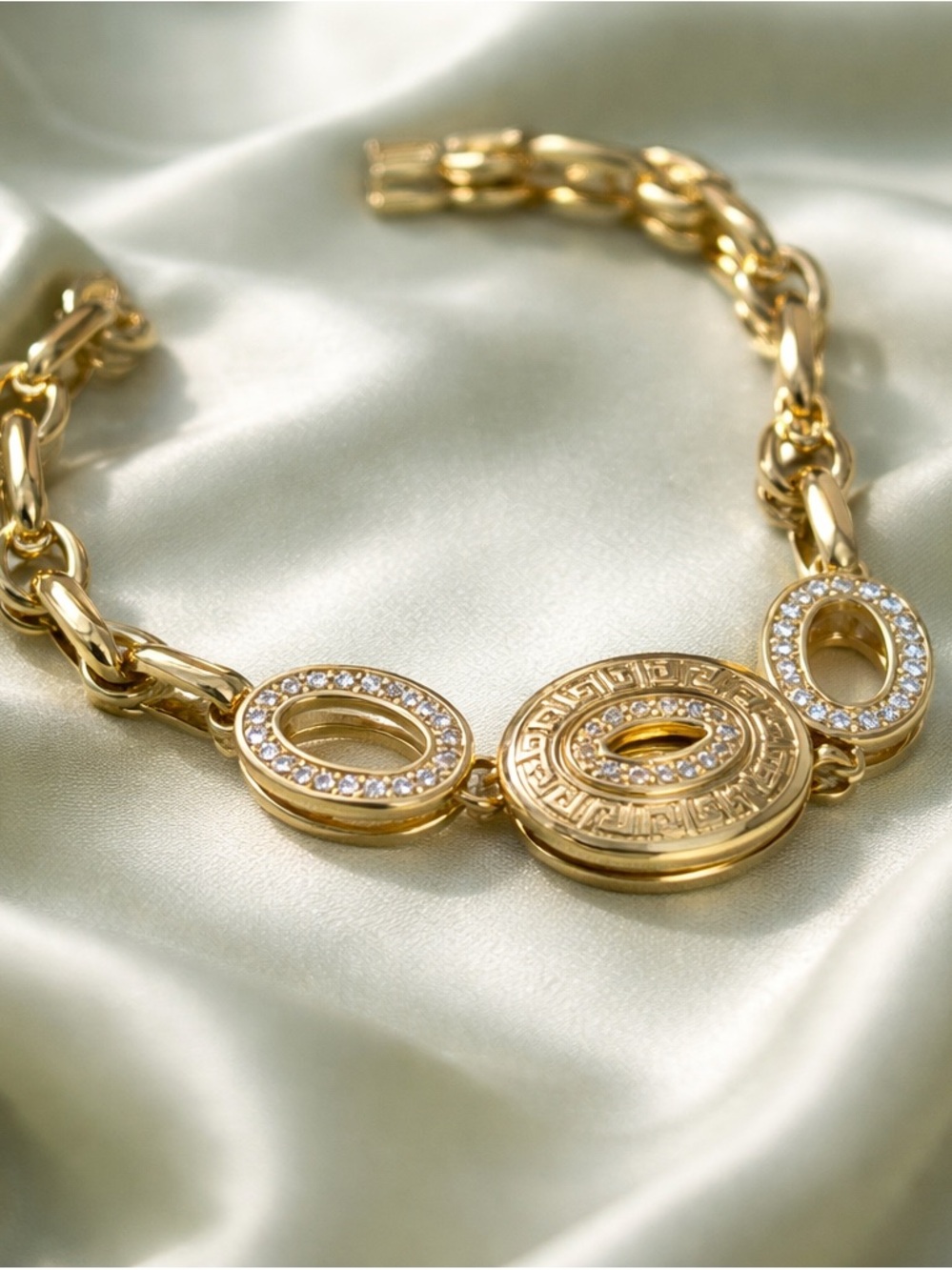Greek Key and CZ Pave Circle Link Bracelet